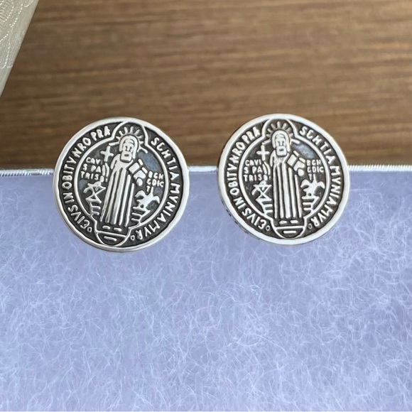 925 Sterling Silver  Saint Benedict Stud Earrings Small Catholic Earrings - Picture 1 of 9